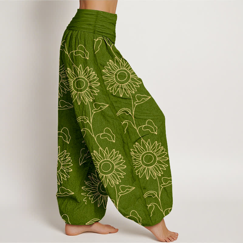 Buddha Stones Pantaloni harem da donna in cotone con motivo a girasoli dorati e vita elasticizzata. - image 2