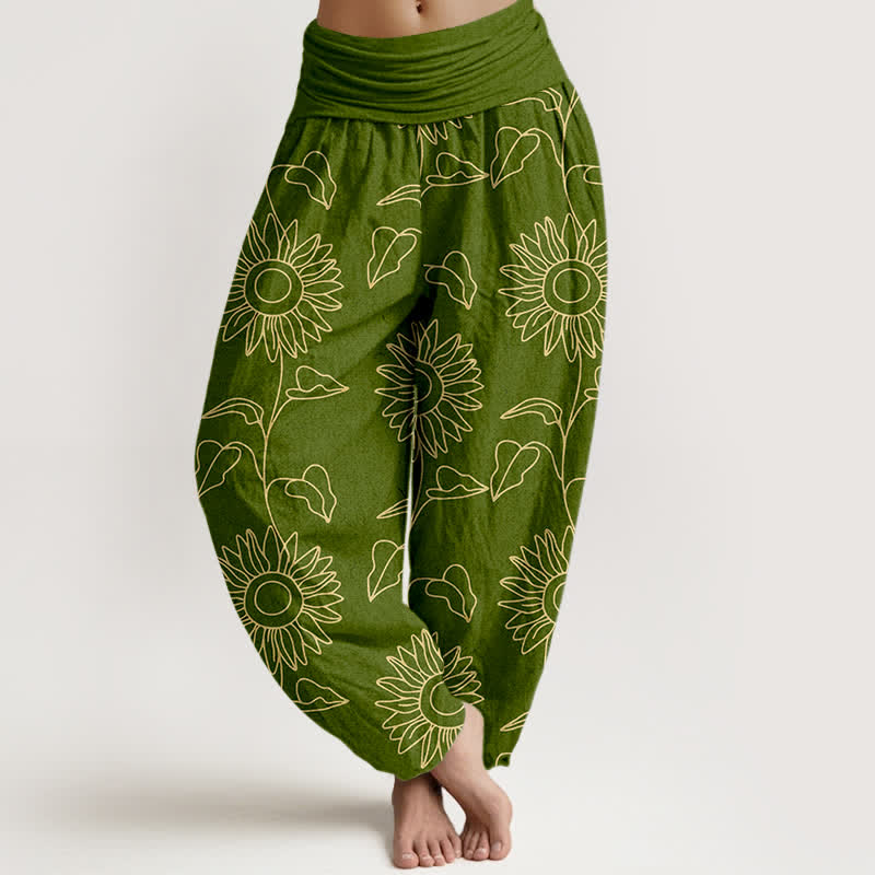 Buddha Stones Pantaloni harem da donna in cotone con motivo a girasoli dorati e vita elasticizzata. - Verde oliva - US16, UK/AU20, EU48 (3XL) - image 0