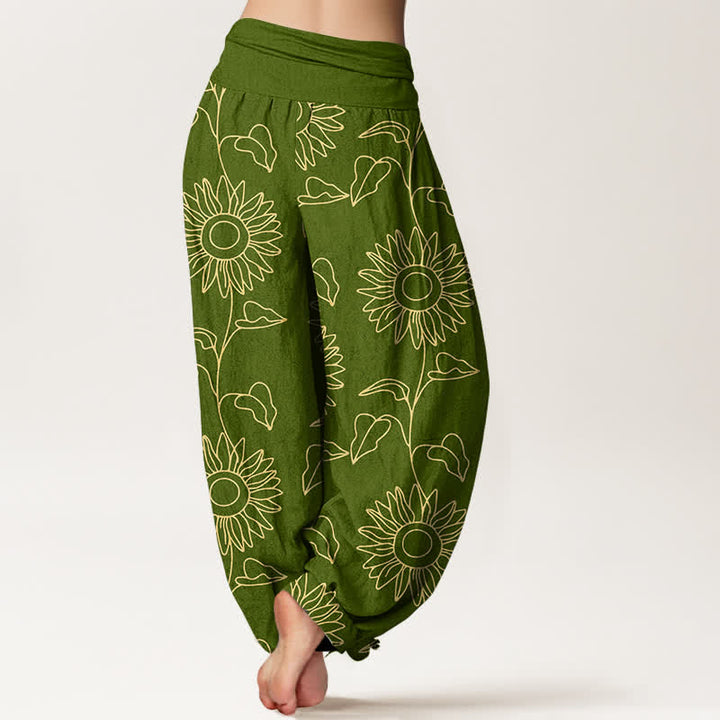 Buddha Stones Pantaloni harem da donna in cotone con motivo a girasoli dorati e vita elasticizzata. - image 1