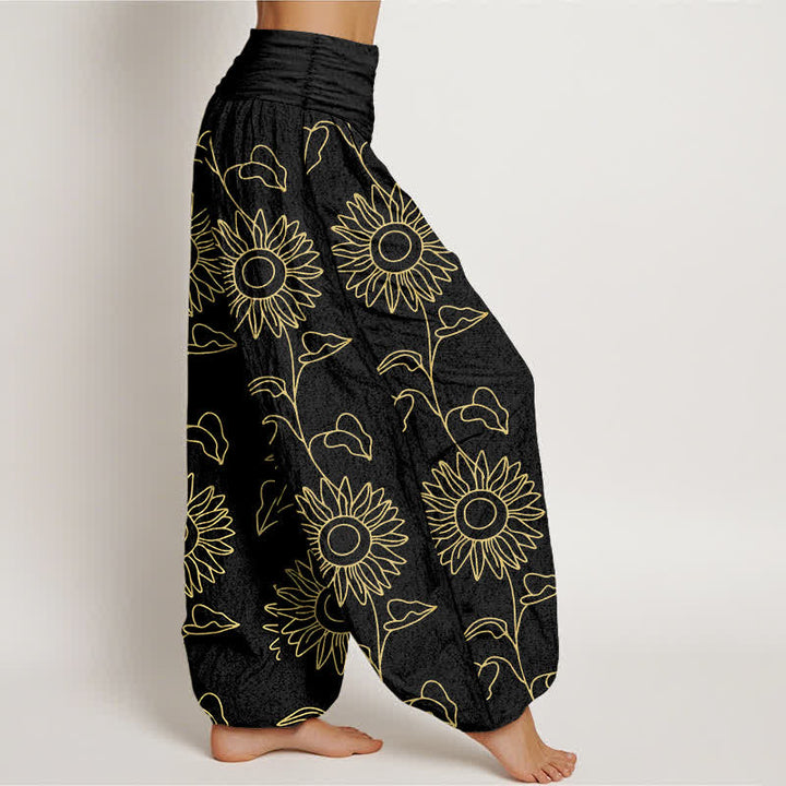 Buddha Stones Pantaloni harem da donna in cotone con motivo a girasoli dorati e vita elasticizzata. - image 7