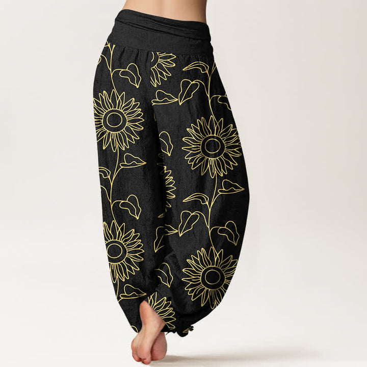 Buddha Stones Pantaloni harem da donna in cotone con motivo a girasoli dorati e vita elasticizzata. - image 6