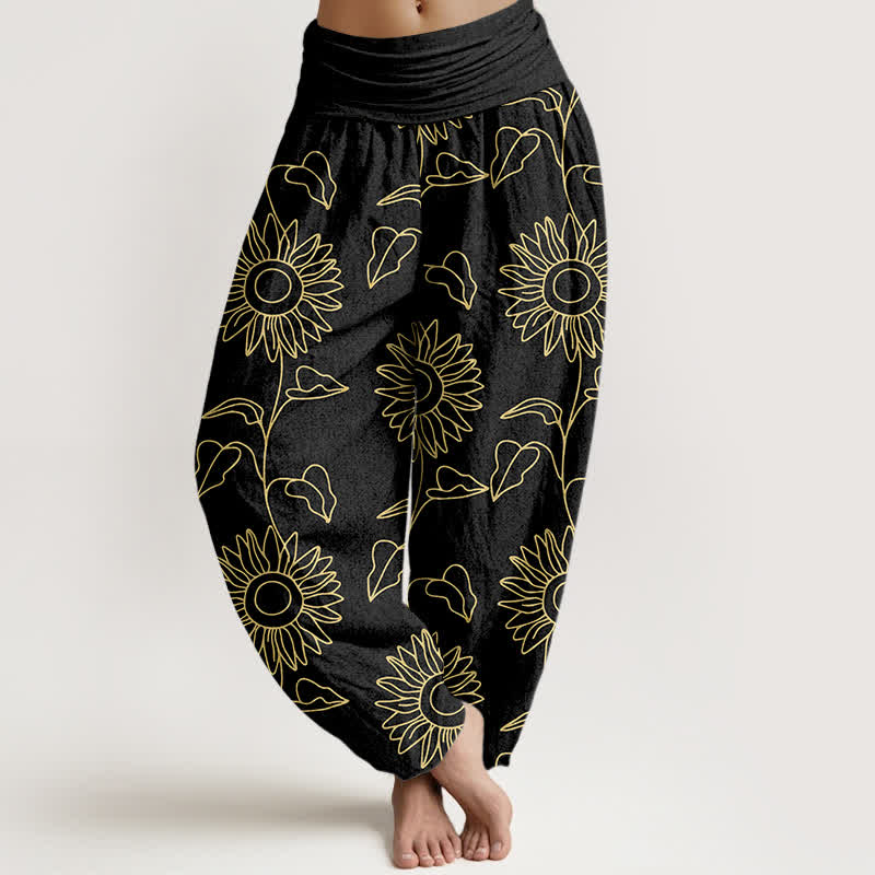 Buddha Stones Pantaloni harem da donna in cotone con motivo a girasoli dorati e vita elasticizzata. - Nero - US16, UK/AU20, EU48 (3XL) - image 5