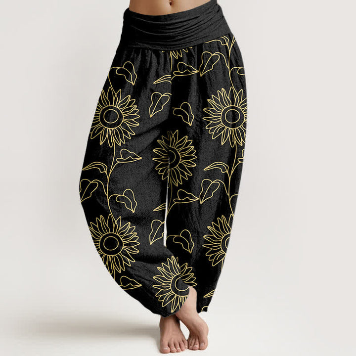 Buddha Stones Pantaloni harem da donna in cotone con motivo a girasoli dorati e vita elasticizzata. - Nero - US16, UK/AU20, EU48 (3XL) - image 5