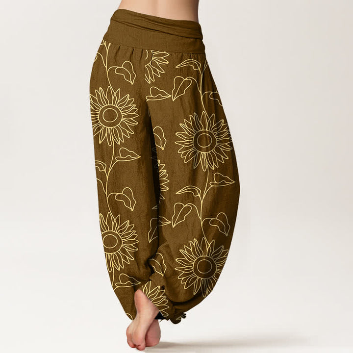 Buddha Stones Pantaloni harem da donna in cotone con motivo a girasoli dorati e vita elasticizzata. - image 9