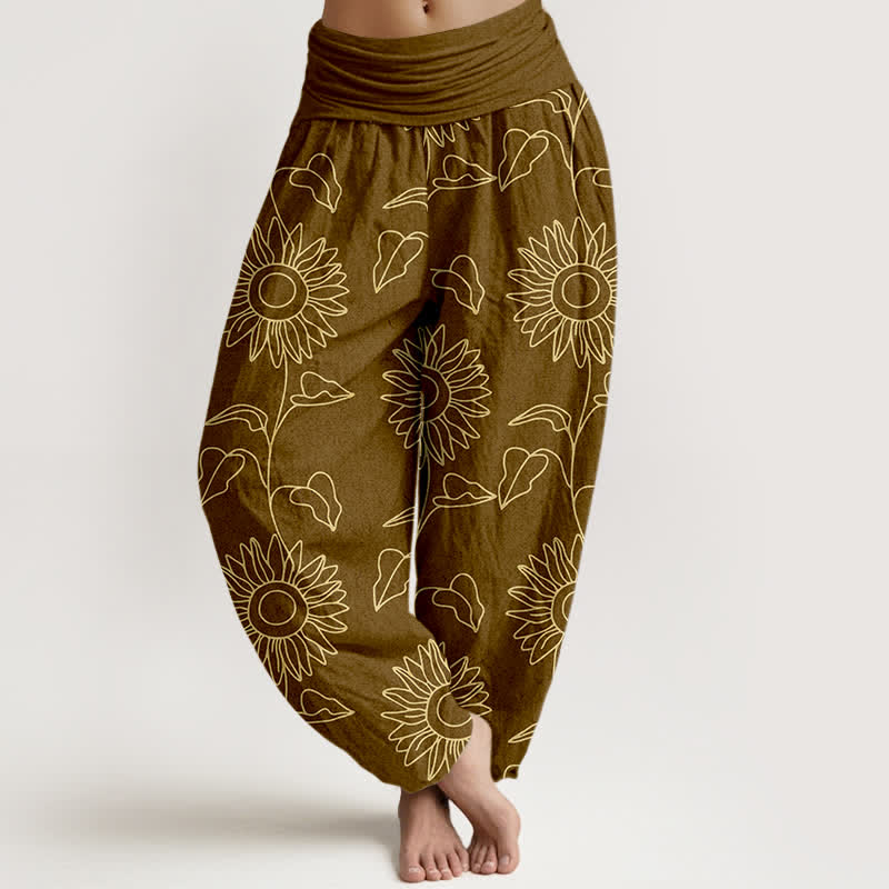 Buddha Stones Pantaloni harem da donna in cotone con motivo a girasoli dorati e vita elasticizzata. - Verga d'oro scura - US16, UK/AU20, EU48 (3XL) - image 8