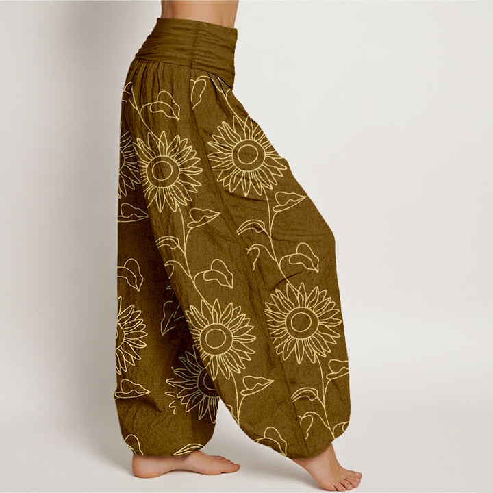 Buddha Stones Pantaloni harem da donna in cotone con motivo a girasoli dorati e vita elasticizzata. - image 10