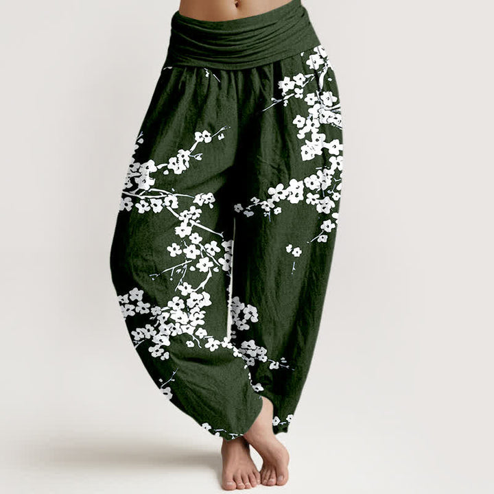 Buddha Stones Pantaloni harem da donna in puro cotone con motivo a rami fioriti bianchi e vita elasticizzata. - Verde scuro - US16, UK/AU20, EU48 (3XL) - image 5