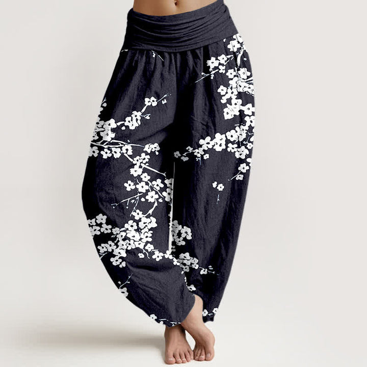 Buddha Stones Pantaloni harem da donna in puro cotone con motivo a rami fioriti bianchi e vita elasticizzata. - Nero - US16, UK/AU20, EU48 (3XL) - image 8