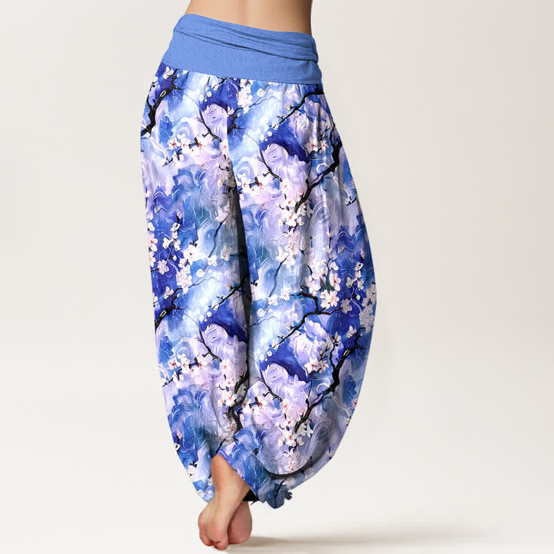 Buddha Stones Pantaloni harem da donna in puro cotone con fantasia floreale ad acquerello e vita elasticizzata. - image 1