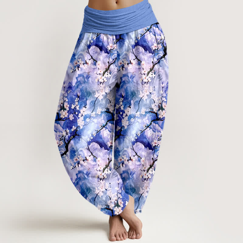 Buddha Stones Pantaloni harem da donna in puro cotone con fantasia floreale ad acquerello e vita elasticizzata. - Blu ardesia medio - US16, UK/AU20, EU48 (3XL) - image 0
