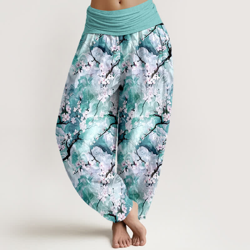 Buddha Stones Pantaloni harem da donna in puro cotone con fantasia floreale ad acquerello e vita elasticizzata. - Turchese - US16, UK/AU20, EU48 (3XL) - image 5