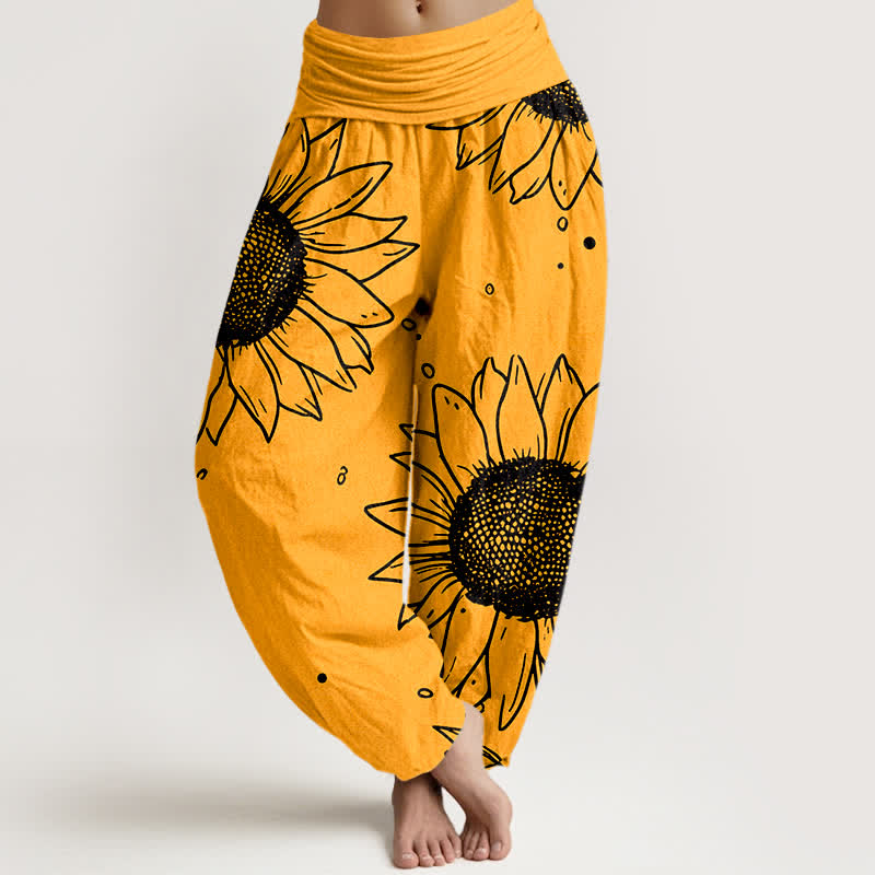 Buddha Stones Pantaloni harem da donna in puro cotone con motivo a girasoli e vita elasticizzata - Arancia - US16, UK/AU20, EU48 (3XL) - image 0