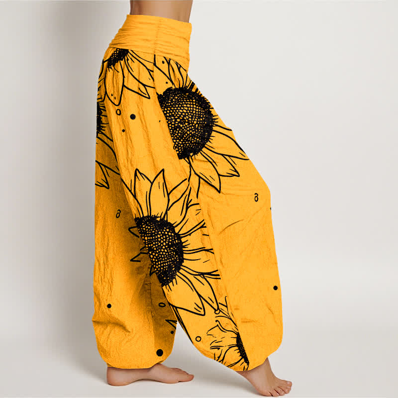 Buddha Stones Pantaloni harem da donna in puro cotone con motivo a girasoli e vita elasticizzata - image 2