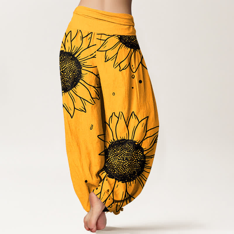 Buddha Stones Pantaloni harem da donna in puro cotone con motivo a girasoli e vita elasticizzata - image 1