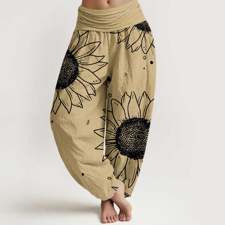 Buddha Stones Pantaloni harem da donna in puro cotone con motivo a girasoli e vita elasticizzata - Cachi - US16, UK/AU20, EU48 (3XL) - image 5