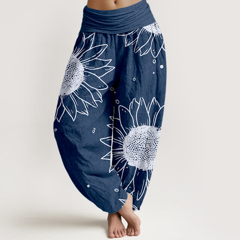Buddha Stones Pantaloni harem da donna in puro cotone con motivo a girasoli e vita elasticizzata - Marina - US16, UK/AU20, EU48 (3XL) - image 8