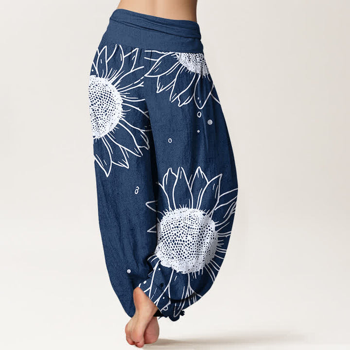 Buddha Stones Pantaloni harem da donna in puro cotone con motivo a girasoli e vita elasticizzata - image 9