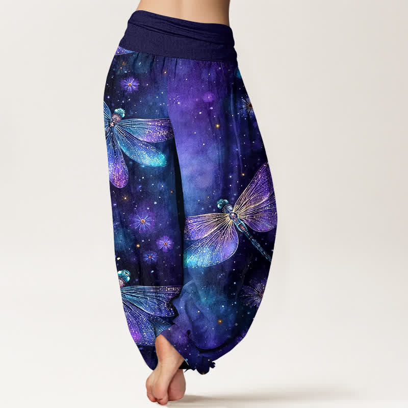 Buddha Stones Pantaloni harem da donna in cotone con motivo floreale e libellula, con elastico in vita. - image 1