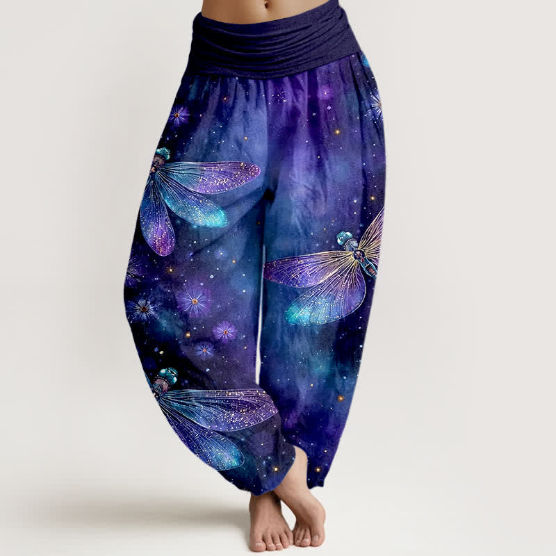 Buddha Stones Pantaloni harem da donna in cotone con motivo floreale e libellula, con elastico in vita. - Indaco - US16, UK/AU20, EU48 (3XL) - image 0