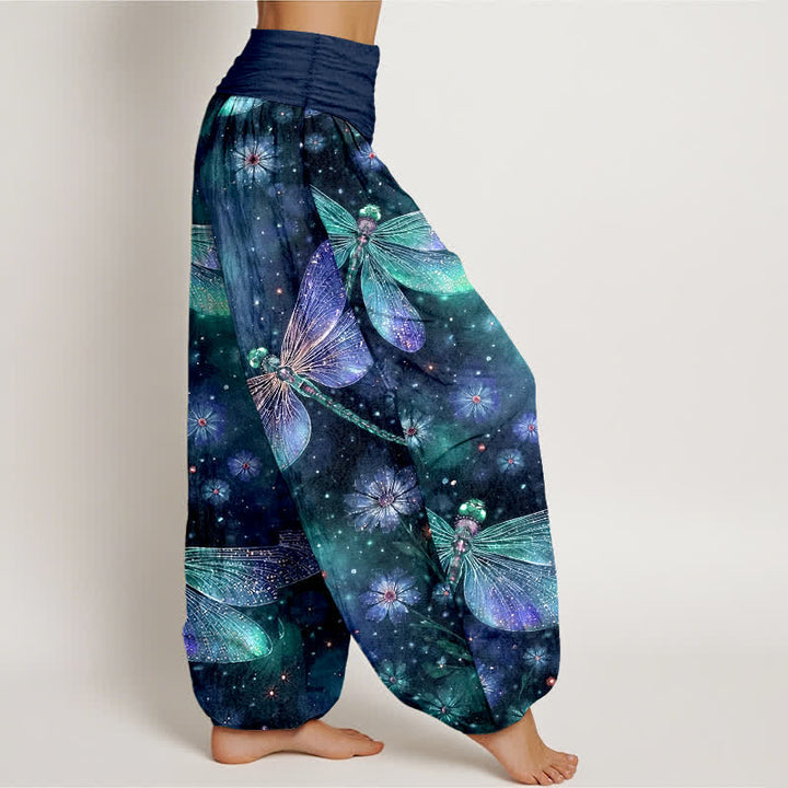 Buddha Stones Pantaloni harem da donna in cotone con motivo floreale e libellula, con elastico in vita. - image 7