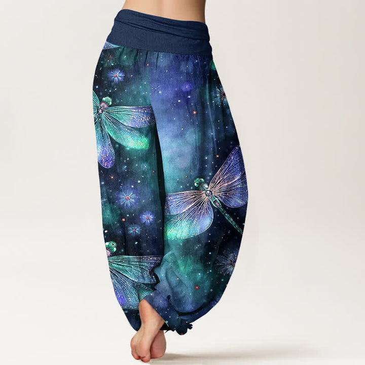 Buddha Stones Pantaloni harem da donna in cotone con motivo floreale e libellula, con elastico in vita. - image 6