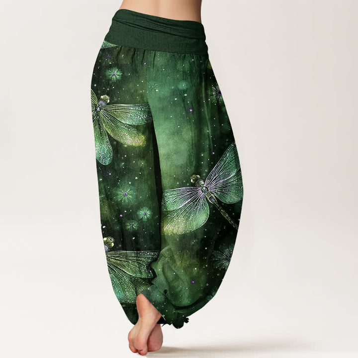 Buddha Stones Pantaloni harem da donna in cotone con motivo floreale e libellula, con elastico in vita. - image 9