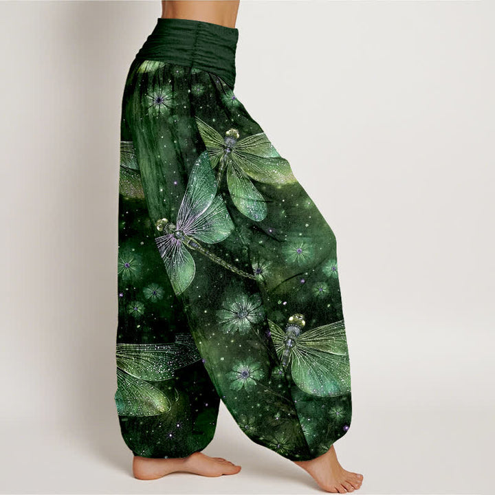 Buddha Stones Pantaloni harem da donna in cotone con motivo floreale e libellula, con elastico in vita. - image 10