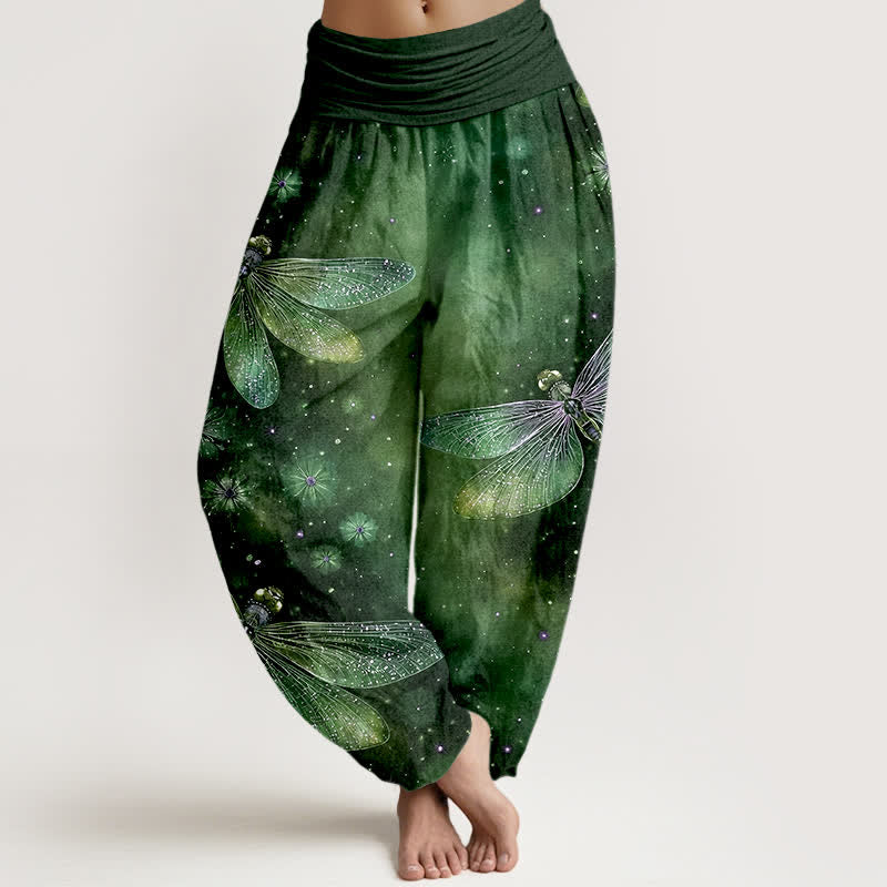 Buddha Stones Pantaloni harem da donna in cotone con motivo floreale e libellula, con elastico in vita. - Verde studentesco - US16, UK/AU20, EU48 (3XL) - image 8