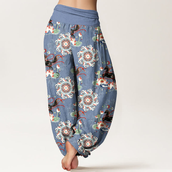 Buddha Stones Pantaloni harem da donna in puro cotone con elastico in vita e motivo a cavallo, loto e mandala. - image 1