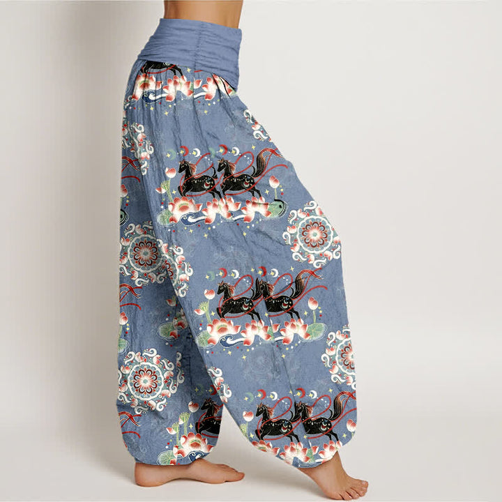 Buddha Stones Pantaloni harem da donna in puro cotone con elastico in vita e motivo a cavallo, loto e mandala. - image 2