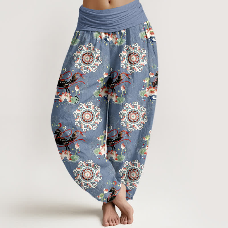 Buddha Stones Pantaloni harem da donna in puro cotone con elastico in vita e motivo a cavallo, loto e mandala. - SteelBlue - US16, UK/AU20, EU48 (3XL) - image 0