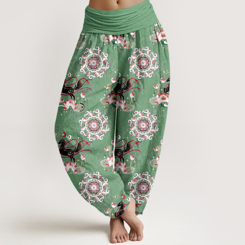 Buddha Stones Pantaloni harem da donna in puro cotone con elastico in vita e motivo a cavallo, loto e mandala. - Verde Mare Medio - US16, UK/AU20, EU48 (3XL) - image 5
