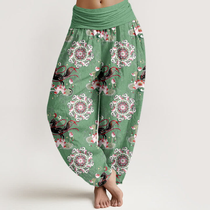 Buddha Stones Pantaloni harem da donna in puro cotone con elastico in vita e motivo a cavallo, loto e mandala. - Verde Mare Medio - US16, UK/AU20, EU48 (3XL) - image 5