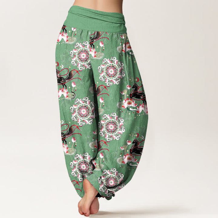 Buddha Stones Pantaloni harem da donna in puro cotone con elastico in vita e motivo a cavallo, loto e mandala. - image 6