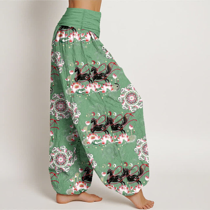 Buddha Stones Pantaloni harem da donna in puro cotone con elastico in vita e motivo a cavallo, loto e mandala. - image 7