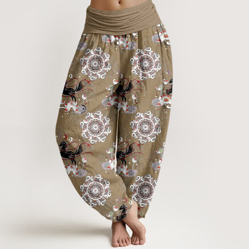 Buddha Stones Pantaloni harem da donna in puro cotone con elastico in vita e motivo a cavallo, loto e mandala. - Tan - US16, UK/AU20, EU48 (3XL) - image 8
