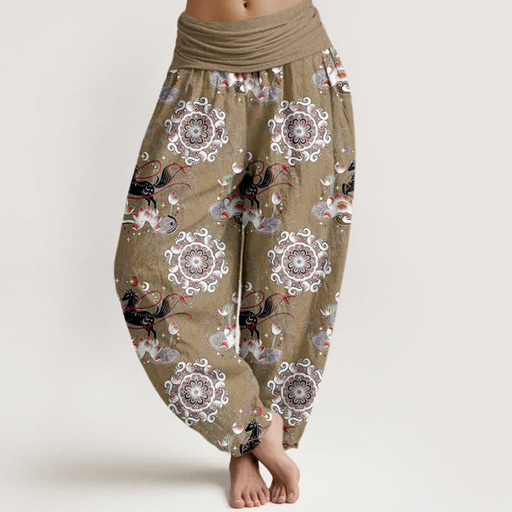 Buddha Stones Pantaloni harem da donna in puro cotone con elastico in vita e motivo a cavallo, loto e mandala. - Tan - US16, UK/AU20, EU48 (3XL) - image 8