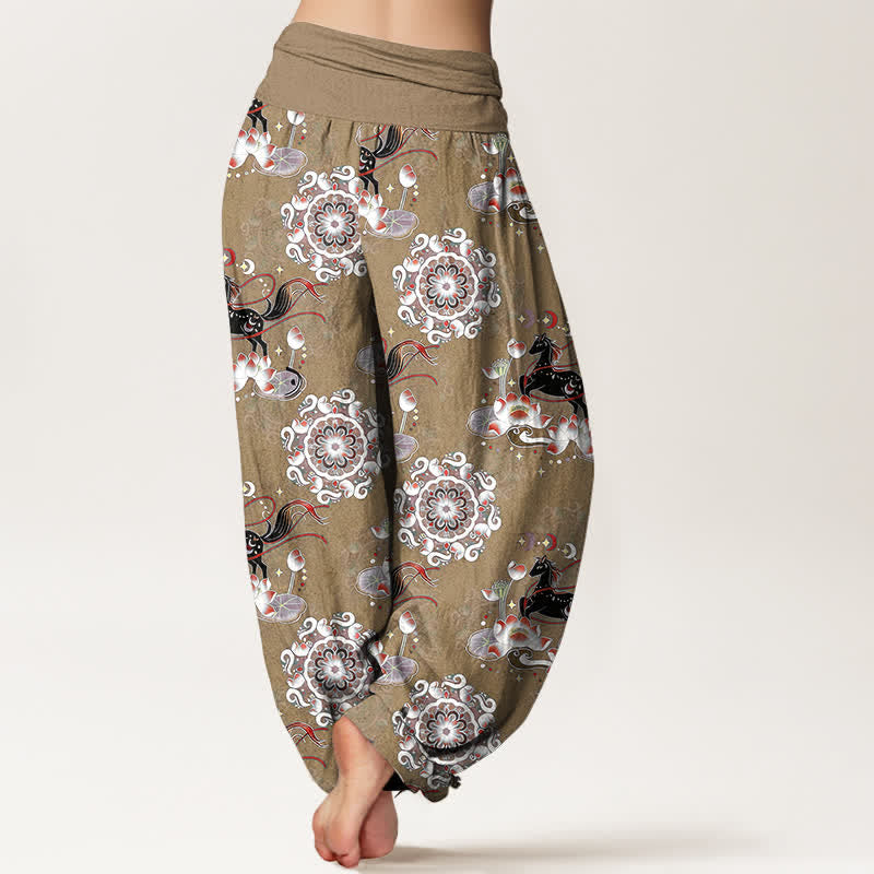 Buddha Stones Pantaloni harem da donna in puro cotone con elastico in vita e motivo a cavallo, loto e mandala. - image 9
