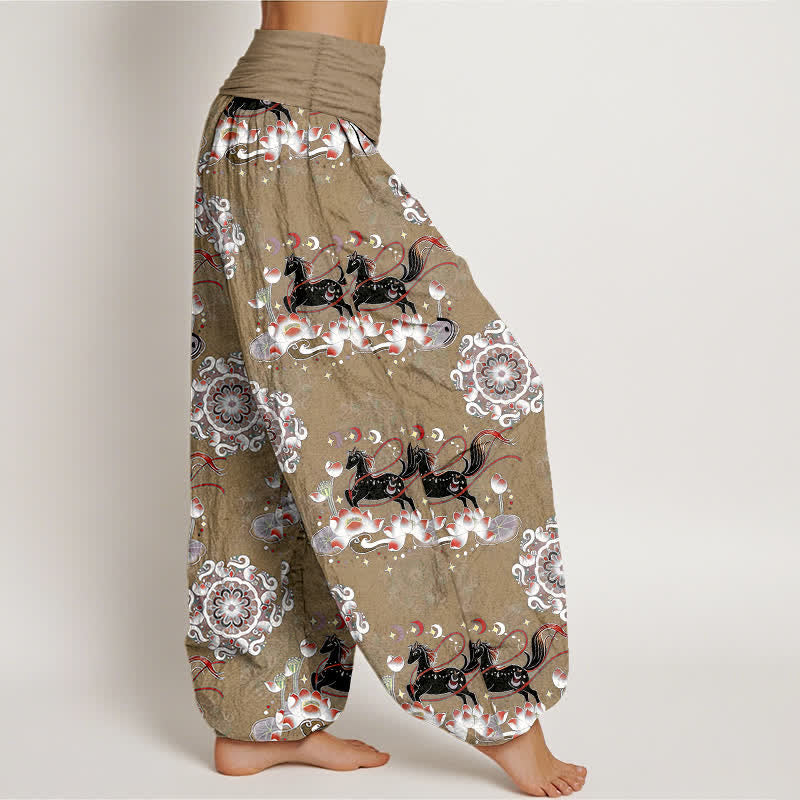 Buddha Stones Pantaloni harem da donna in puro cotone con elastico in vita e motivo a cavallo, loto e mandala. - image 10