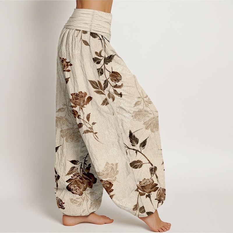Buddha Stones Pantaloni harem da donna in cotone con fantasia a rose vintage e vita elasticizzata - image 2