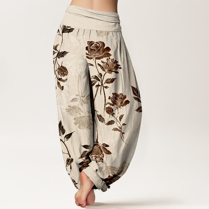 Buddha Stones Pantaloni harem da donna in cotone con fantasia a rose vintage e vita elasticizzata - image 1