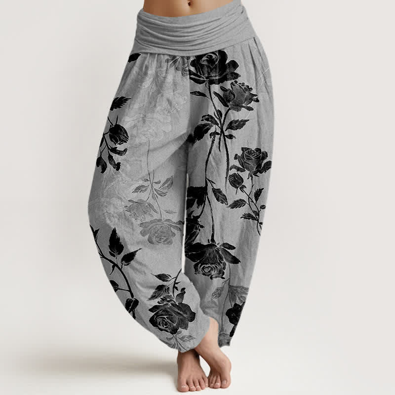 Buddha Stones Pantaloni harem da donna in cotone con fantasia a rose vintage e vita elasticizzata - Grigio scuro - US16, UK/AU20, EU48 (3XL) - image 5
