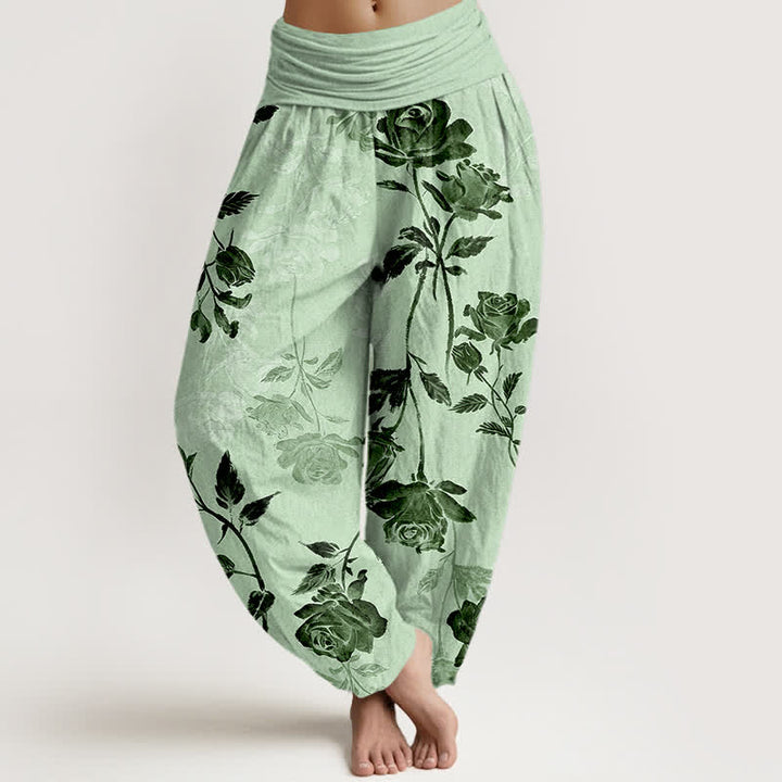 Buddha Stones Pantaloni harem da donna in cotone con fantasia a rose vintage e vita elasticizzata - Verde pallido - US16, UK/AU20, EU48 (3XL) - image 8