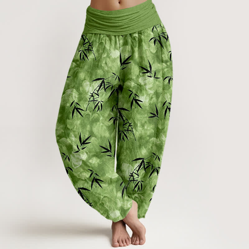 Buddha Stones Pantaloni harem da donna in puro cotone nero con motivo a foglie di bambù e elastico in vita. - Verde Mare Medio - US16, UK/AU20, EU48 (3XL) - image 0
