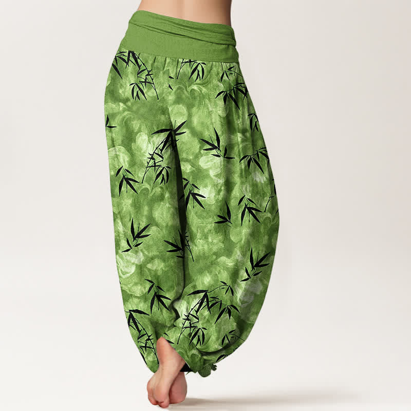 Buddha Stones Pantaloni harem da donna in puro cotone nero con motivo a foglie di bambù e elastico in vita. - image 1