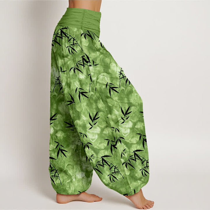 Buddha Stones Pantaloni harem da donna in puro cotone nero con motivo a foglie di bambù e elastico in vita. - image 2