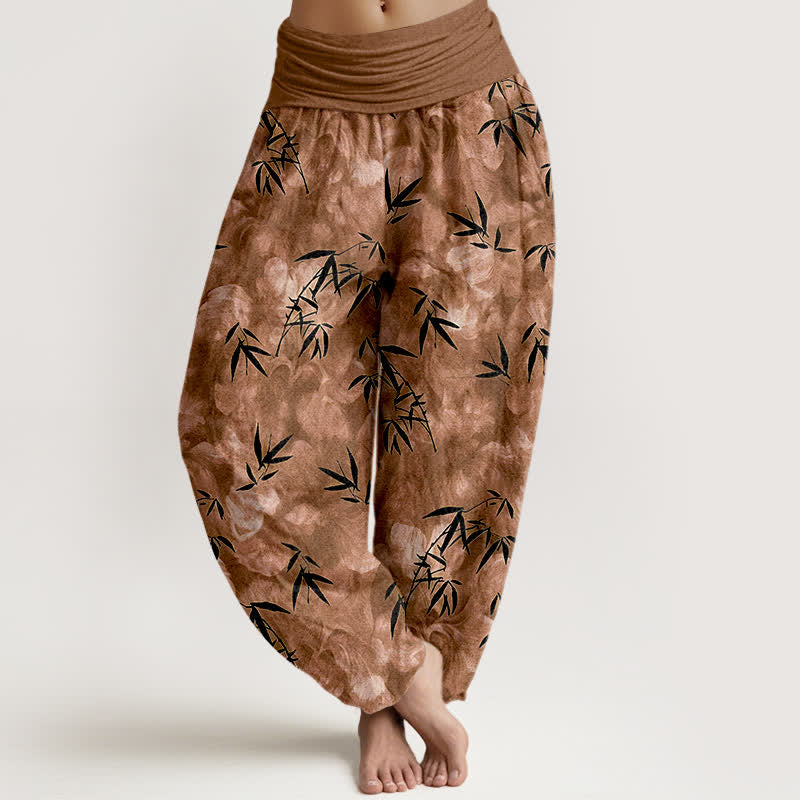 Buddha Stones Pantaloni harem da donna in puro cotone nero con motivo a foglie di bambù e elastico in vita. - Perù - US16, UK/AU20, EU48 (3XL) - image 5
