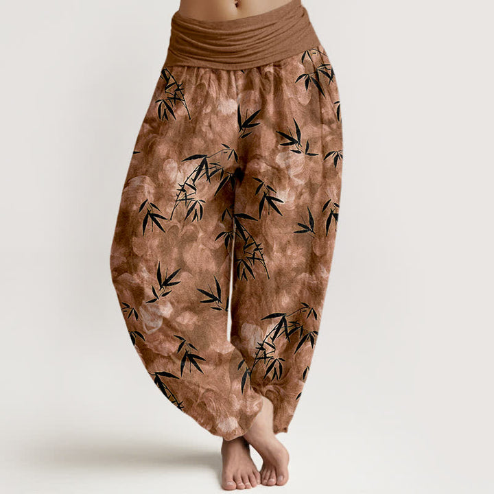 Buddha Stones Pantaloni harem da donna in puro cotone nero con motivo a foglie di bambù e elastico in vita. - Perù - US16, UK/AU20, EU48 (3XL) - image 5