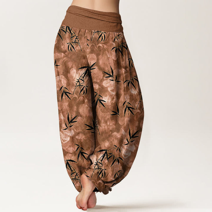 Buddha Stones Pantaloni harem da donna in puro cotone nero con motivo a foglie di bambù e elastico in vita. - image 6
