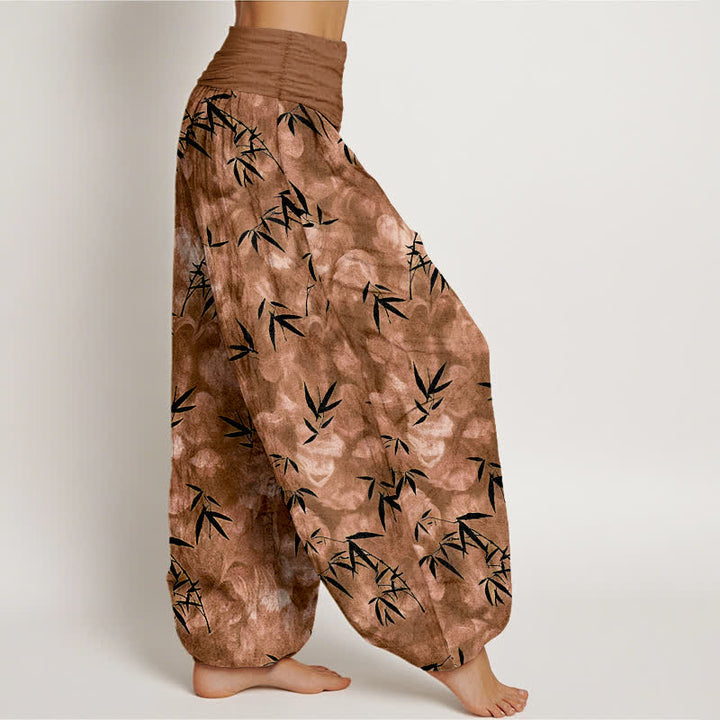 Buddha Stones Pantaloni harem da donna in puro cotone nero con motivo a foglie di bambù e elastico in vita. - image 7